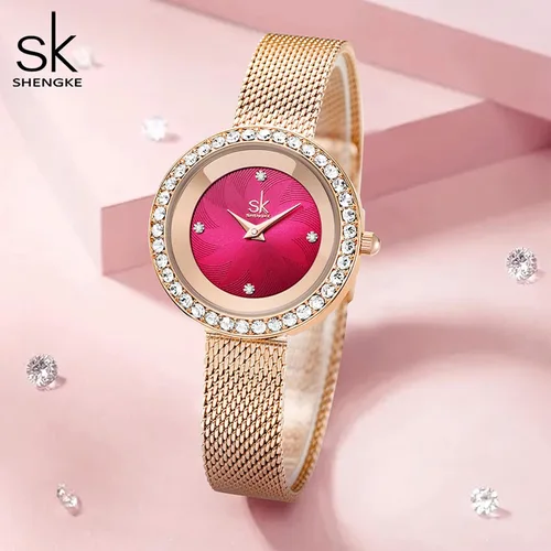 Vista 4 de SHENGKE Reloj de mujer de lujo analógico de cuarzo de moda de cuarzo para mujer, reloj impermeable para mujer Relogio Feminino, K0169-rosa rojo