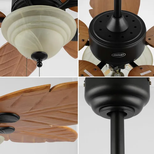 Vista 5 de JONATHAN Y Ventilador de techo LED de hoja de palmera bohemia costera marrón claro de 52 pulgadas, 3 aspas de madera rústica con cadena de tracción