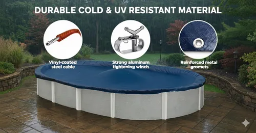 Vista 3 de Winter Block Cubierta de Invierno para Piscina Sobre el Suelo, Se Adapta a Ovalada de 12' x 18', Azul Sólido – Incluye Cabrestante y Cable