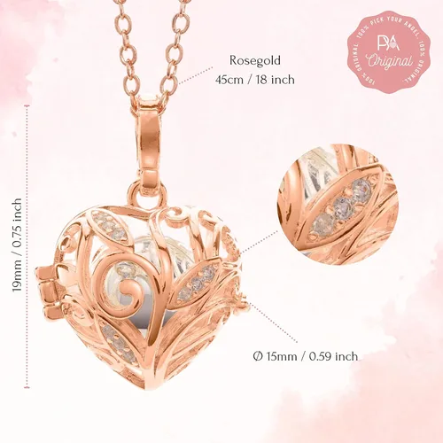 Vista 4 de PYA - Collar de llamador de ángel "El llamador de ángeles" en oro rosa de 14 quilates de 18 pulgadas con colgante y bola de sonido. Joyería