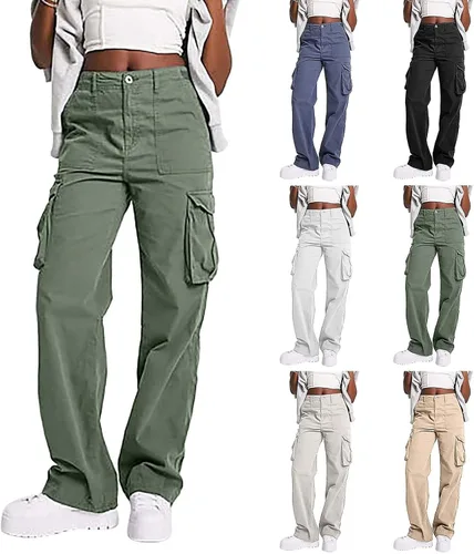 Vista 2 de Women High Waist Workwear Pants Wide Leg Casual Pants Combat Military Trouser Baggy Y2k Straight Wide Leg Pants with Pockets