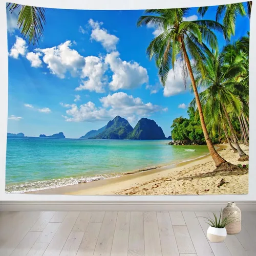 Vista 7 de Loccor Tapiz de playa tropical, isla costera, palmeras, olas, tapiz de pared de verano, paraíso hawaiano, paisaje para colgar en la pared, hippie
