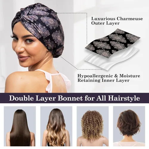 Vista 17 de Gorro de satén de seda ajustable para envolver el cabello para dormir, gorro de dormir de doble capa, turbante nocturno para cabello largo y rizado