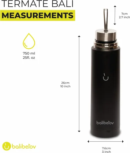 Vista 3 de BALIBETOV - Botella de yerba mate autoservable de 25 onzas, vaso de acero inoxidable aislado al vacío con doble boquilla, cafetera todo en uno a