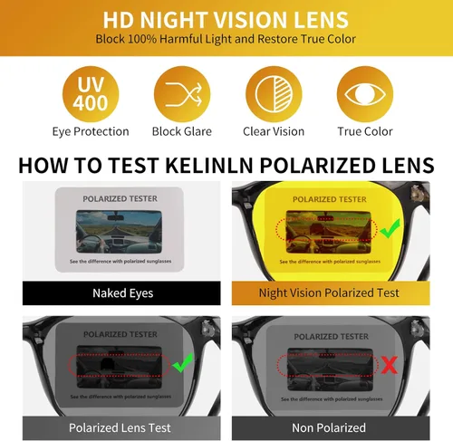 Vista 5 de Kelinln Gafas de conducción de visión nocturna polarizadas antirreflejos lentes tintados amarillos transparentes para mujeres y hombres negro Glossy