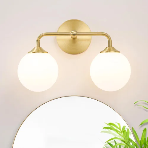 Vista 13 de Luces modernas de tocador de baño de níquel cepillado de 2 luces, accesorios de iluminación de baño sobre espejo con pantalla de globo de vidrio