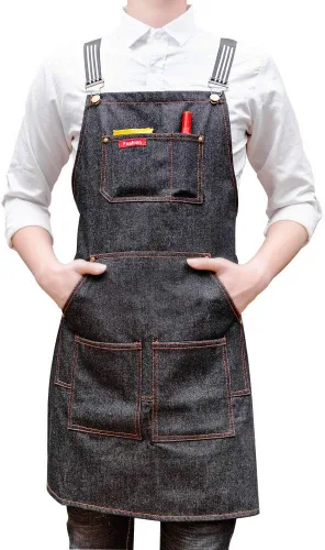 Vista 7 de Delantal de mezclilla unisex ajustable con múltiples bolsillos para chef cocina, barbacoa y estudio