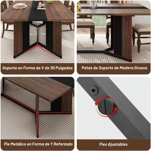 Vista 6 de chartustriable Mesa de comedor para 4 a 6 personas, mesa de cocina moderna grande de 71 pulgadas con diseño de camino de mesa integrado, mesa