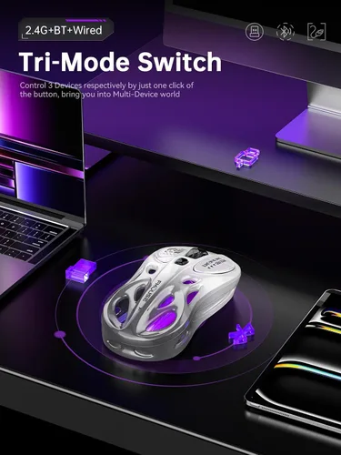 Vista 2 de Ratón inalámbrico para juegos, triple modo 2.4G/USB-C/Bluetooth, 800-4800 DPI, ratón óptico ergonómico, RGB y 6 botones programables, 2.29 oz