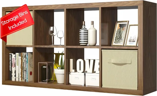 Vista 38 de Estantería con contenedor de almacenamiento, organizador de almacenamiento de 6 cubos, estantería abierta de madera moderna, estante de cubículos