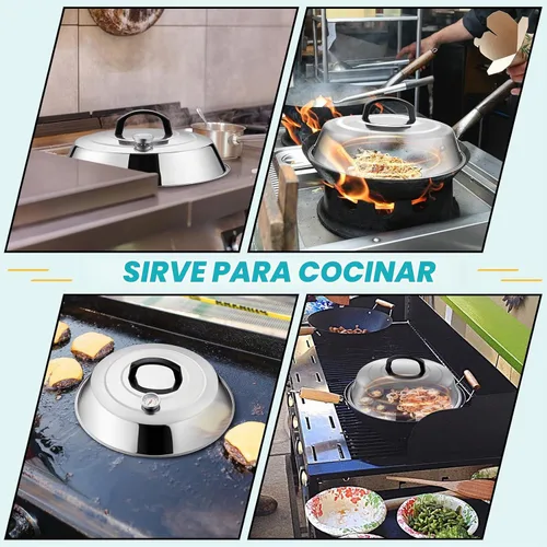 Vista 6 de Cúpula para Derretir Queso de 12 Pulgadas, HaSteeL Cubierta Redonda de Acero Inoxidable para Rociar y Vaporizar, Cúpula Grande Sólida para Plancha