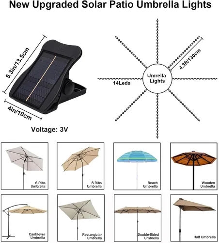 Vista 2 de luces de sombrilla solar, 8 hebras de luces de sombrilla para patio al aire libre con 8 modos, panel solar de 3V, clip con 112 LED, luces al aire