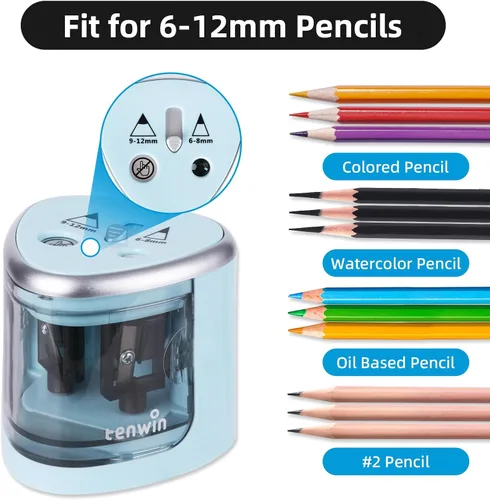 Vista 2 de tenwin - Sacapuntas eléctrico para lápices de colores, funciona con pilas, para lápices n.º 2 y de 0.23 a 0.47 pulgadas, doble agujero para artistas