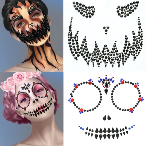 Vista 4 de Joyas para la cara de Halloween, gemas tatuajes, tatuajes temporales negros, diamantes de imitación azules, cara de calavera falsa, tatuaje falso