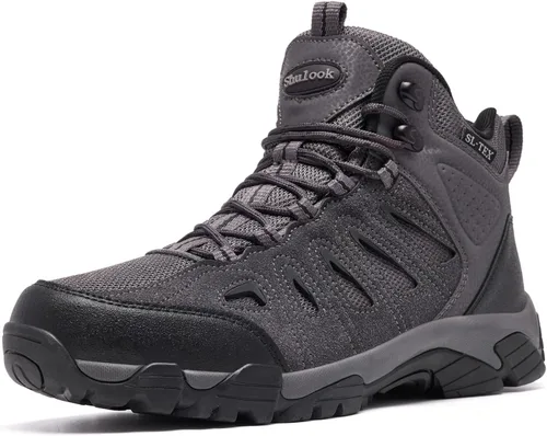Vista 10 de SHULOOK Botas de senderismo impermeables para hombre, antideslizantes, ligeras, de tobillo, de media altura, transpirables, para excursionismo
