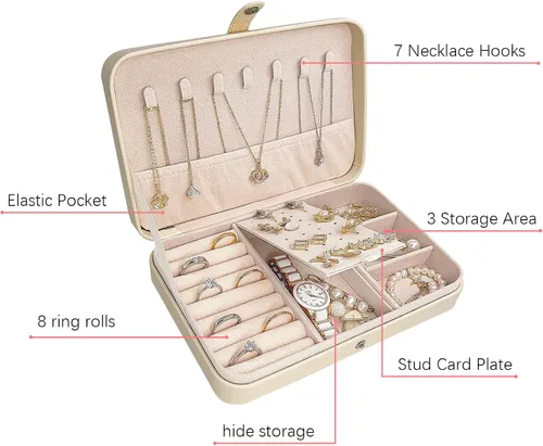 Vista 3 de Joyero de viaje, mini organizador portátil con cremallera, de piel sintética sintética, pequeñas cajas de almacenamiento para anillos, aretes