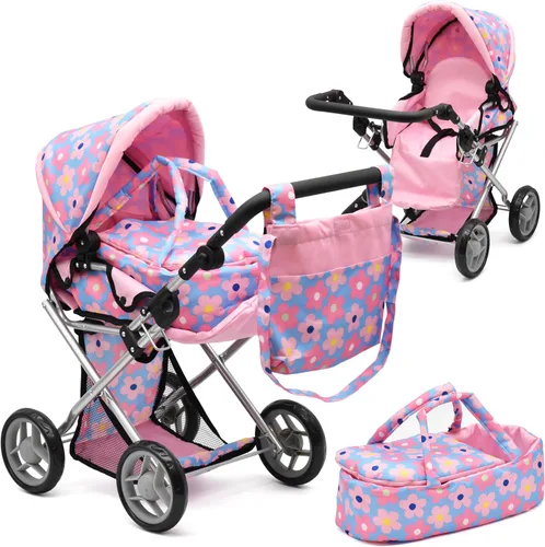 Vista 9 de Cochecito Convertible de Muñeca de Bebé con Portabebés de Viaje Extraíble para Niños, Mango Ajustable, Cochecito con Toldo y Cesta