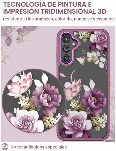Vista 5 de Carcasa para Samsung Galaxy A14, diseño de flores, color morado A14 5G-Púrpura