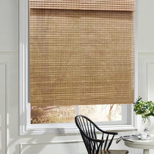 Vista 10 de Cortinas romanas de madera para ventana, cortinas de bambú opacas forradas, fácil instalación para el hogar y el jardín, patrón 1