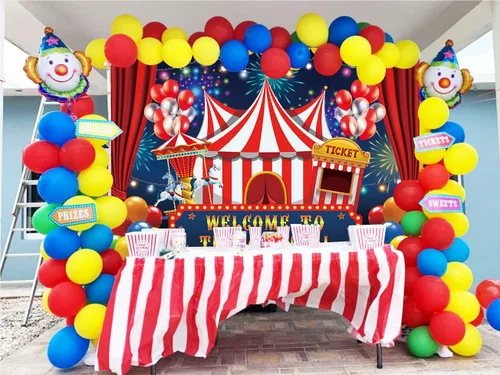 Vista 8 de Telón de fondo de circo de carnaval de 7 x 5 pies, carpa de circo, telón de fondo para fiesta, carrusel, taquilla, fondo para niños, niños, bebés
