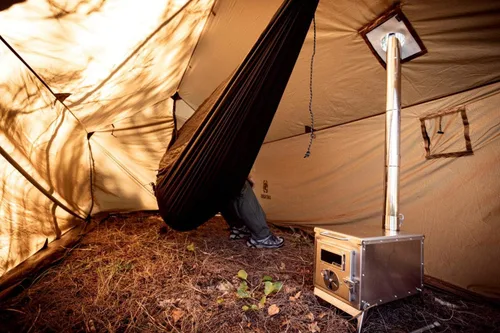Vista 2 de OneTigris Estufa de tienda de campaña Tiger Roar, quemador de leña portátil para campamento de invierno, caza y cocina al aire libre, tubos incluidos