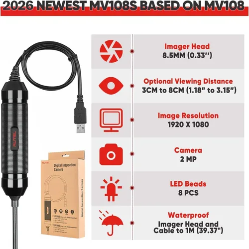 Vista 5 de Autel MaxiVideo MV108S Cámara de Inspección Boreoscopio, Endoscopio 2026 con Cabezal de Imagen Impermeable de 8.5mm, Funciona con Todos
