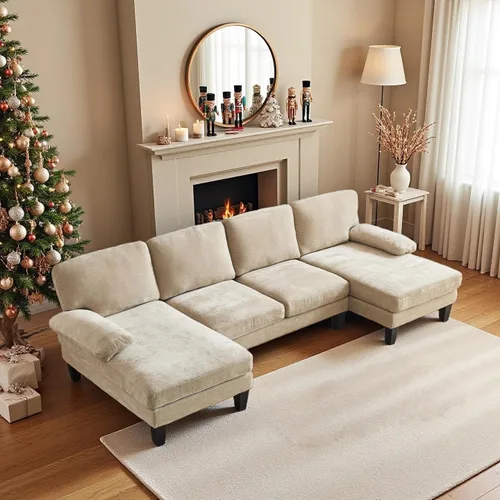 Vista 19 de VINGLI Sofá modular de 110 pulgadas para sala de estar, sofá en forma de U con diván doble, juego de sofá de 4 asientos con tela de felpilla
