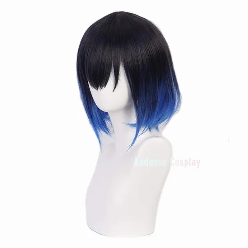Vista 2 de Aadesso Anime Kimetsu no Yaiba Hashibira Inosuke Cosplay peluca negro degradado azul pelucas sintético Halloween pelo
