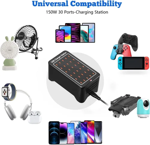 Vista 2 de Estación de carga USB C de 150 W, bloque de cargador USB de 30 puertos, concentrador de carga USB, cargador USB C multipuerto, cargador