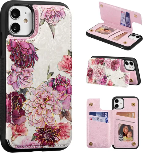 Vista 56 de UEEBAI Funda tipo cartera para iPhone 13 con tarjeteros, piel sintética, diseño floral, función atril, bloqueo RFID, doble cierre magnético, funda