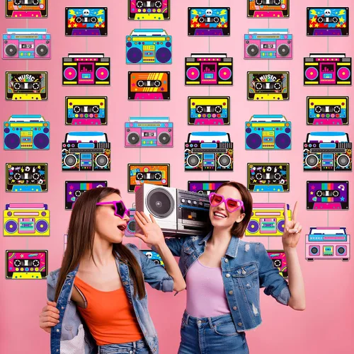 Vista 5 de Guirnalda de cinta de casete y caja de pluma, 6 unidades de decoraciones de fiesta de los años 80, cinta de casete de radio retro, guirnalda