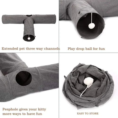 Vista 9 de Ownpets Túnel para gatos, túnel plegable de 3 vías, tubo para gatos de 47 pulgadas de largo con bola de felpa y juguete de plumas, túnel de juego