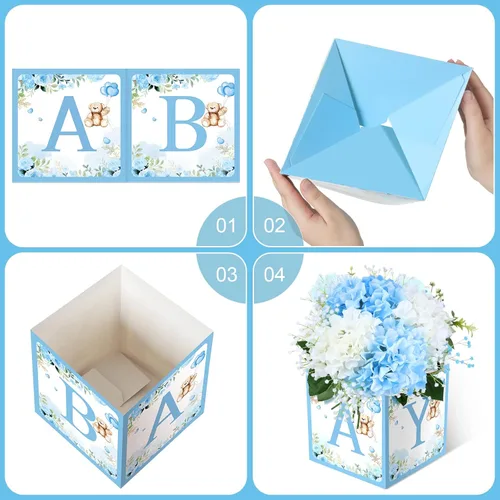 Vista 5 de Bucherry - 6 cajas de centro de mesa de baby shower con letras de "bebé", cajas de flores, decoración de mesas para baby shower, cumpleaños, Azul