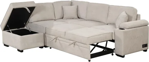 Vista 7 de Sofá cama modular con almacenamiento otomano, sofá cama extraíble con carga USB y portavasos, en forma de L, cómodos sofás para sala de estar, sofá