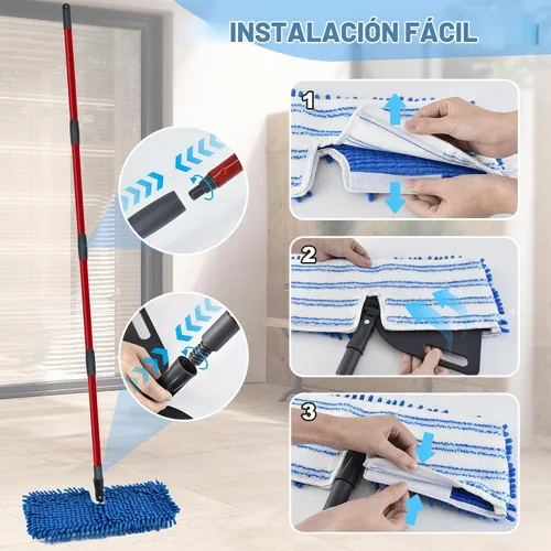 Vista 6 de Trapeadores de microfibra para limpieza de pisos, trapeador plano con 3 almohadillas reutilizables y mango extensible de 58 pulgadas de largo