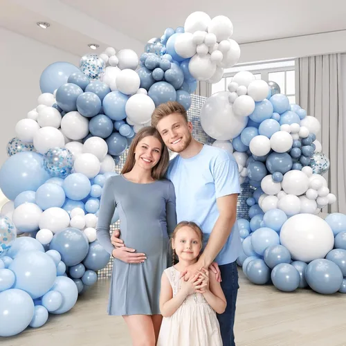 Vista 4 de Kit de arco de globos azules y blancos de 134 piezas, globos azules y blancos con confeti azul polvoriento para aniversario, revelación de género