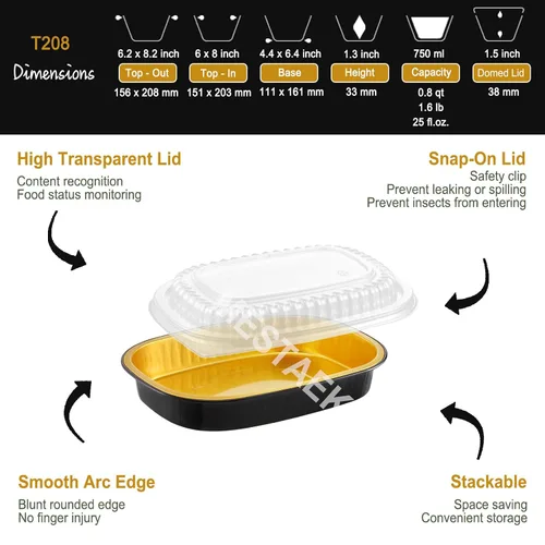 Vista 3 de Bandejas ovaladas de papel de aluminio con tapas a presión (paquete de 5) Recipiente reutilizable de servicio pesado 2 veces más grueso de 25