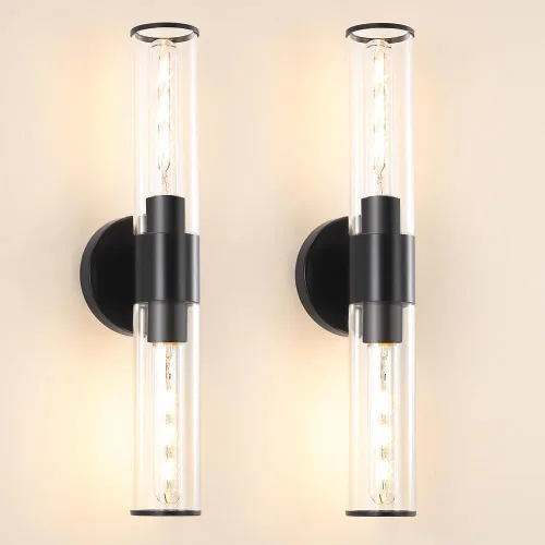 Vista 8 de Juego de 2 apliques de pared de níquel cepillado (solo cableado), lámparas de tocador de baño, modernas luces de pared cilíndricas de vidrio