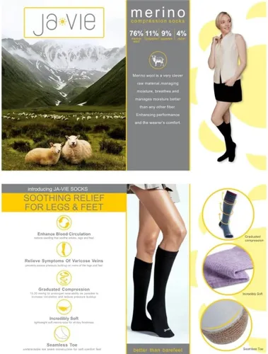 Vista 5 de ja vie Calcetines de compresión graduados de 76% lana merino para mujeres y hombres (15-20 mmHg), 2 Pares: 1 Negro Puro+1 Denim, S
