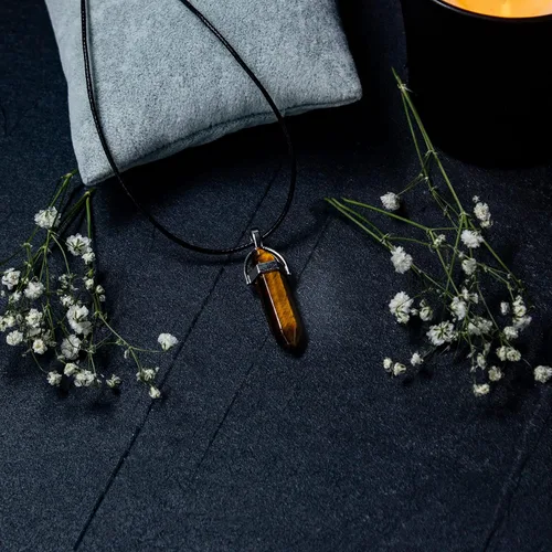 Vista 5 de Collar de cristal de ojo de tigre, colgante de piedra natural hecho a mano para hombres y mujeres, joyería de estilo bohemio con propiedades