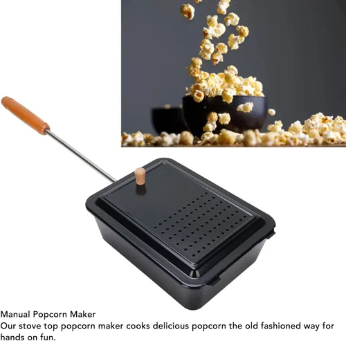 Vista 4 de Bandeja antiadherente para palomitas de maíz, sartén manual de hierro resistente con mango de madera para el hogar, camping, patio trasero, máquina