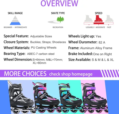 Vista 5 de Patines en línea ajustables para niñas y niños, patines con todas las ruedas iluminadas, patines para mujer para niños y adultos, hombres, mujeres
