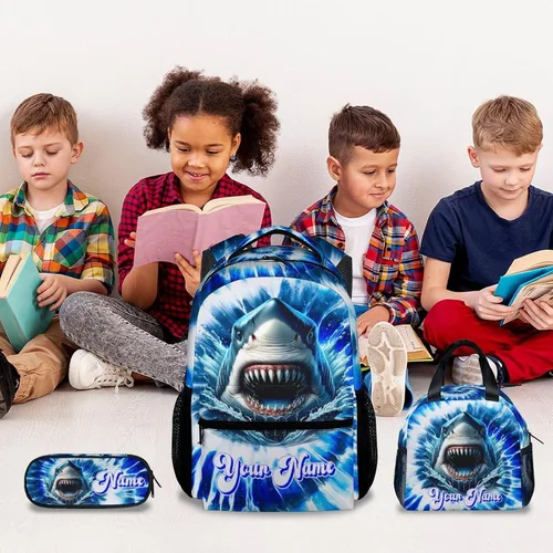 Vista 7 de UNIKITTY Mochila para niños con nombre personalizado, juego de 3 piezas con bolsa de almuerzo y estuche para lápices, bolsa escolar de 17 pulgadas