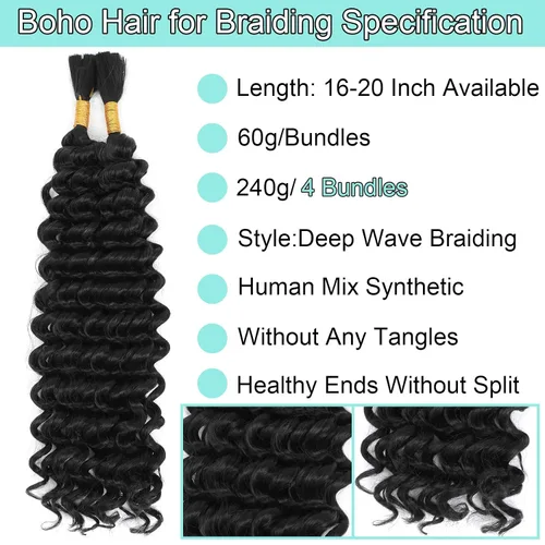 Vista 4 de Mezcla de cabello humano para trenzar, cabello sintético rizado bohemio para trenzar, trenzas bohemias de 16 pulgadas, 4 paquetes de 110g/paquete