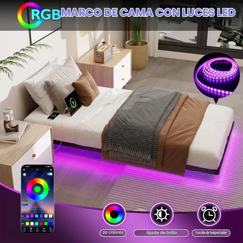 Vista 3 de Base de cama de metal flotante de tamaño individual con luces LED inteligentes y estación de carga, base de cama de plataforma de metal, no necesita