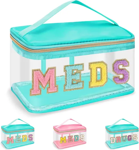 Vista 14 de Iqimott Bolsa de parche de felpilla con letras MEDS transparente, bolsa de maquillaje portátil de preparación para mujeres y niñas, viajes, bolsa