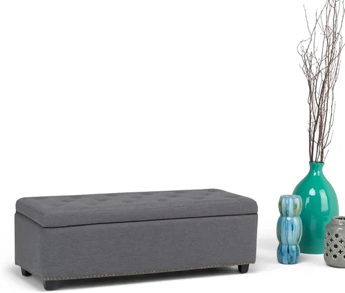Vista 4 de Otomano rectangular de almacenamiento Simpli Home Hamilton, Madera, Gris pizarra Pizarra gris
