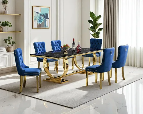 Vista 23 de Juego de mesa de comedor de mármol de 68.11 pulgadas para 4, moderna mesa de comedor de mármol sintético con 4 sillas de comedor de terciopelo