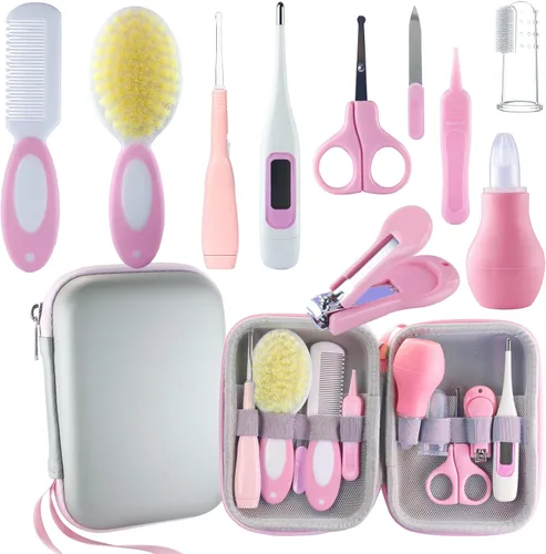 Vista 8 de Kit de aseo para bebés, esenciales para recién nacidos, kit portátil de cuidado del bebé, contiene cortaúñas para bebés, peine para bebés, cepillo