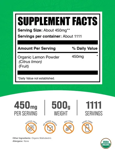 Vista 2 de BulkSupplements. com Polvo de limón orgánico – Fuente natural de vitamina C, fruta en polvo, sabor a limón – Sin gluten, 450 mg por porción, 17.64